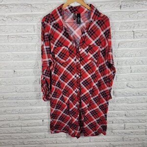 Kristin Nicole Womens Dress 2X Plus Roll Tab Sleeve Red Plaid PLA30E